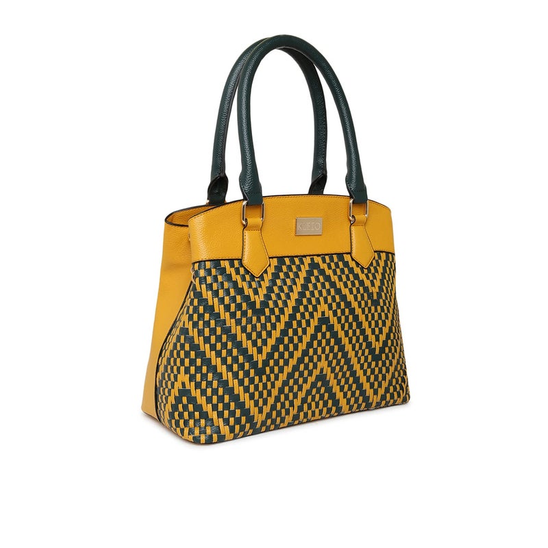 KLEIO Faux Leather Hand Weave Satchel Handbag for Women - Mustard - Image 3